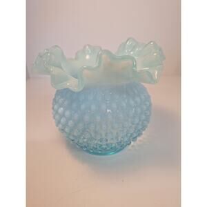 Vintage Fenton Hobnail Blue Opalescent Vase with Furled Rim.